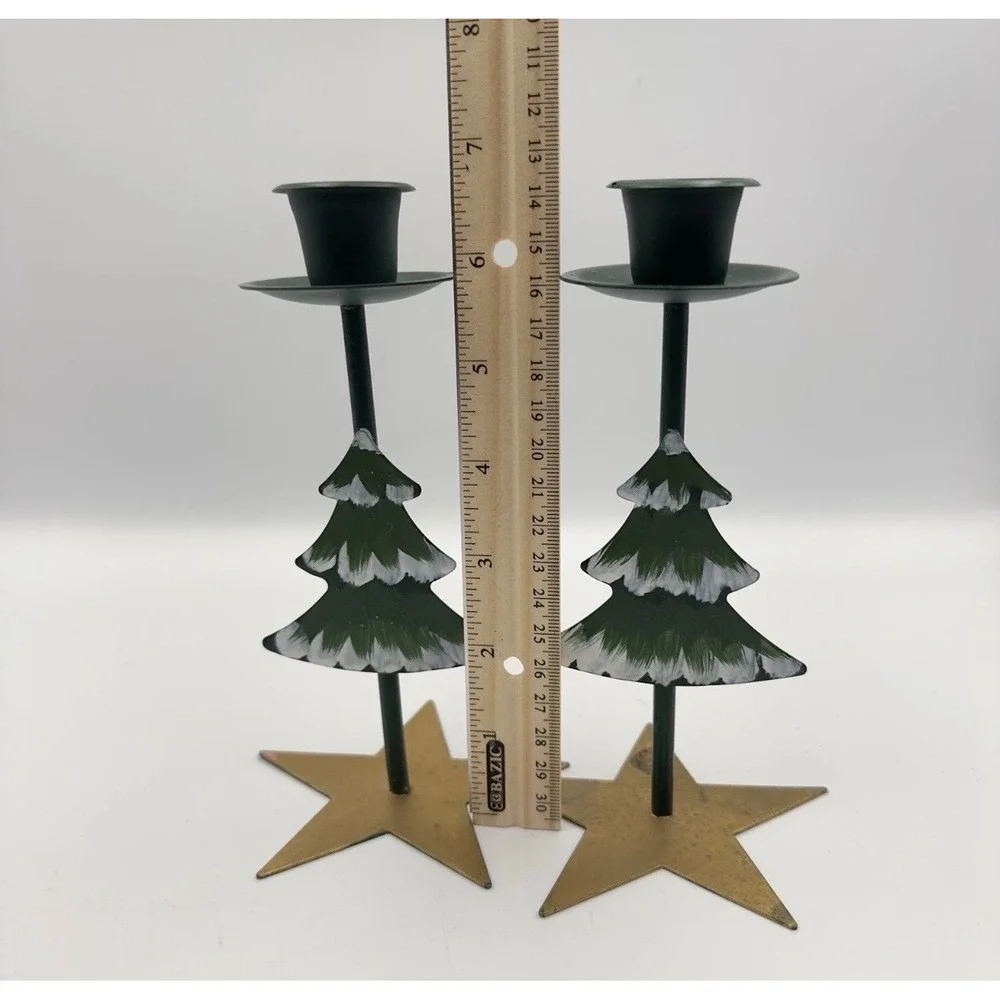 Vintage Metal Christmas Tree Taper Candle Holders‎ Set of 2 Star Base Green Gold